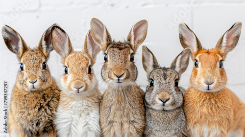 Charming Lineup of Five Diverse Rabbits Sitting Against a White Brick Wall, Capturing a Whimsical Portrait of Nature © SITI