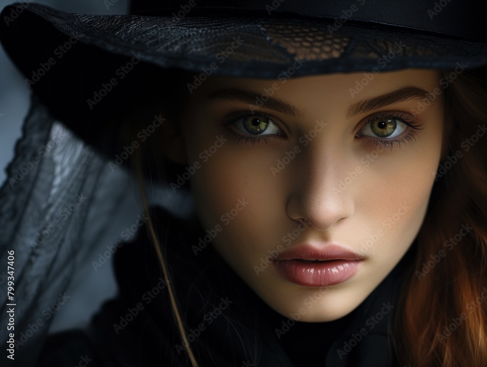 Mysterious woman in a black hat with captivating green eyes Mysterious woman in a black hat with captivating green eyes