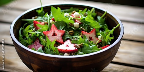 Fresh summer salad with strawberries and greens in a wooden bowl
