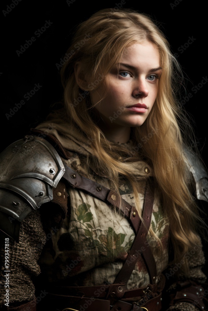 Portrait of a young woman in medieval warrior costume Portrait of a young woman in medieval warrior costume