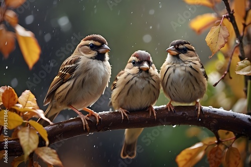 Two tiny amusing birds Under the chilly fall rain, sparrows perch on a limb in the garden and flap their wings.