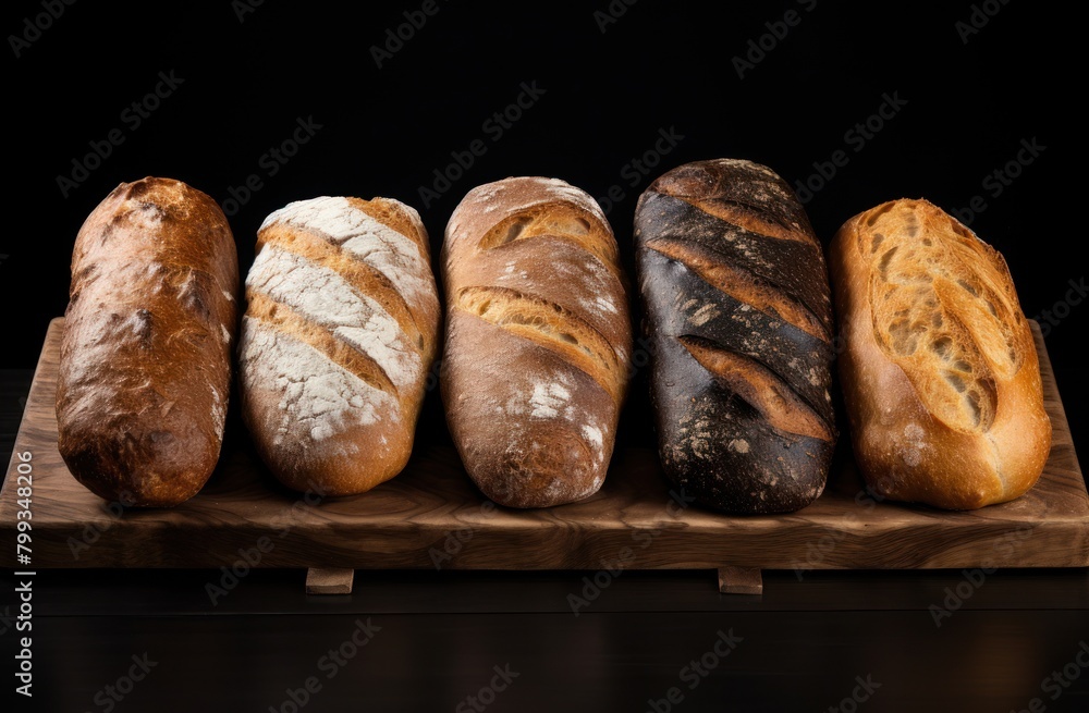 Assortment of Freshly Baked Artisan Breads on a Wooden Board