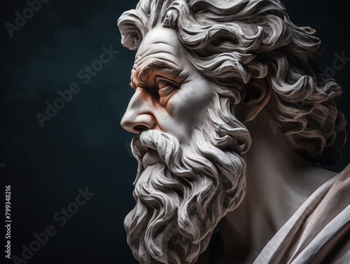 Classic sculpture of a bearded man with dramatic lighting