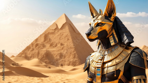 Anubis in a golden outfit in front of the pyramids photo