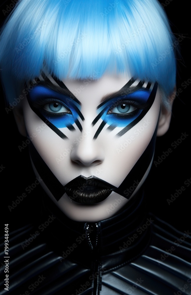 Futuristic Makeup and Hairstyle on a Model with Blue Hair Futuristic Makeup and Hairstyle on a Model with Blue Hair