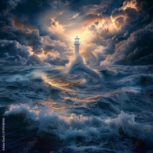 Business crisis management abstract wallpaper, stormy seas with a guiding light, overcoming challenges theme