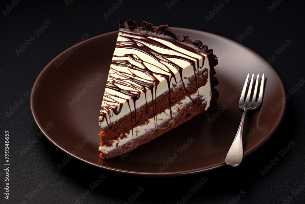 Elegant slice of chocolate cake on a dark plate Elegant slice of chocolate cake on a dark plate