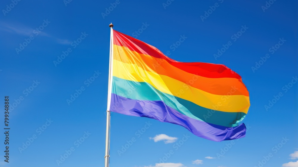 Pride flag waving against a clear blue sky Pride flag waving against a clear blue sky