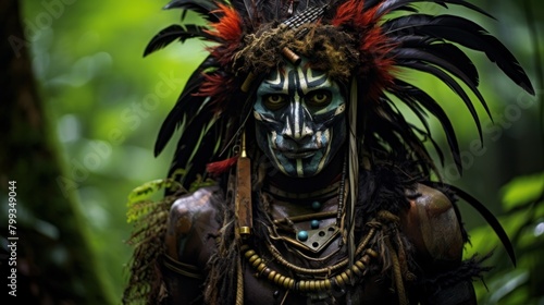 Portrait of a person in tribal makeup and traditional attire in a lush forest