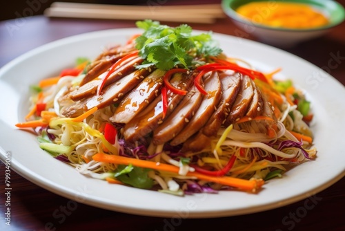 Delicious Asian chicken salad served on a white plate