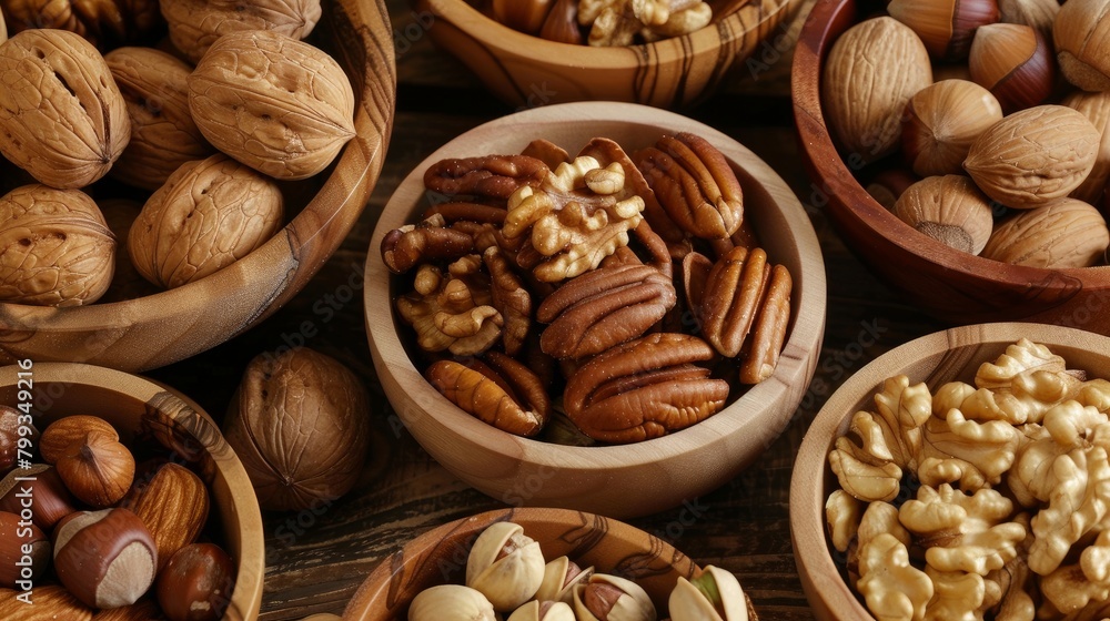 A variety of nuts in wooden bowls