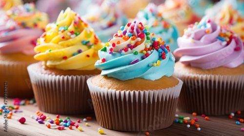 Colorful cupcakes with sprinkles on a wooden table
