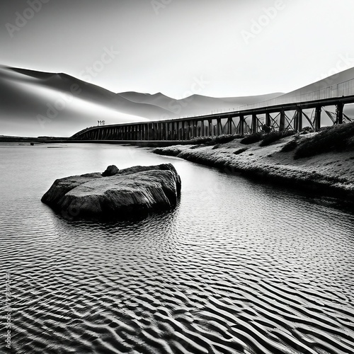 striking contrast of a viaduct spanning a river of clear blue waters amidst a vast desert landscape.