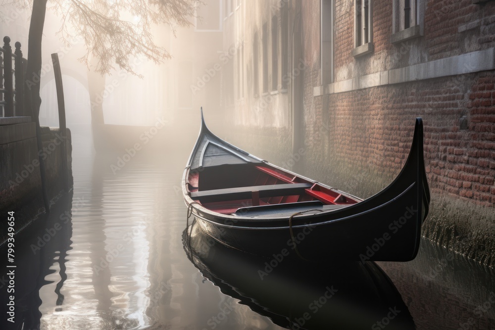 Misty Morning in Venice with a Traditional Gondola