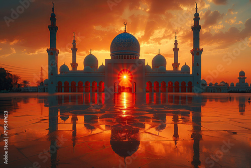 Silhouette of Sheikh Zayed Grand Mosque in Abu Dhabi, UAE, sunset sky photo