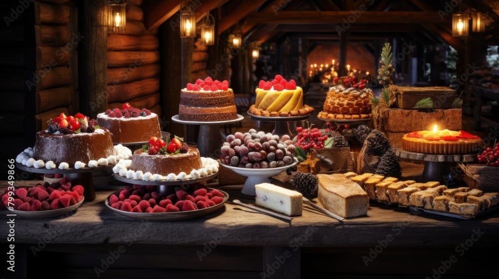 Assorted Desserts Displayed in a Rustic Cabin Setting