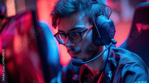 Intense Gamer Focused During a Competitive Esports Tournament at Night
