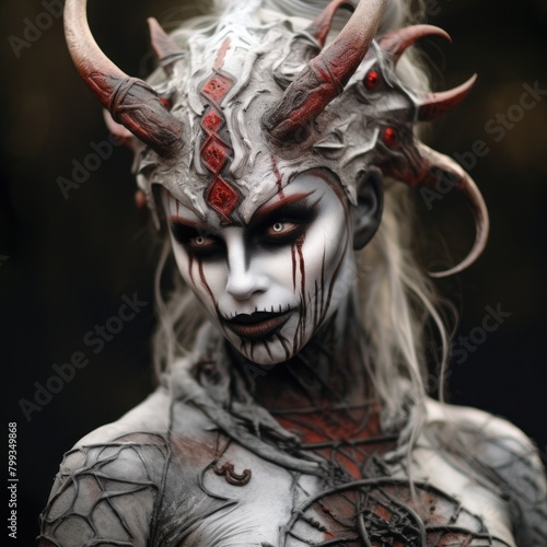 Fantasy demon character with intricate makeup and horns