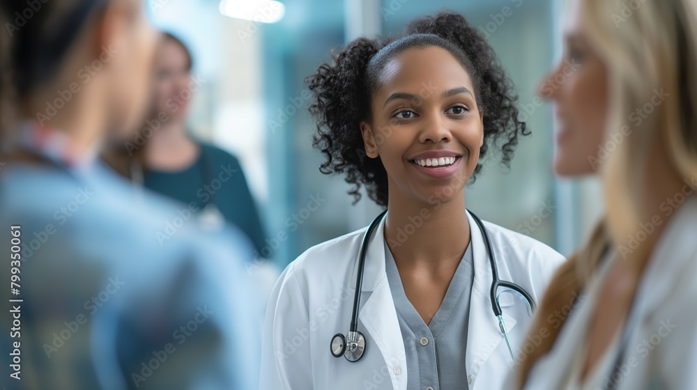 Woman in White Lab Coat Talking to Two Other Women Woman in White Lab Coat Talking to Two Other Women
