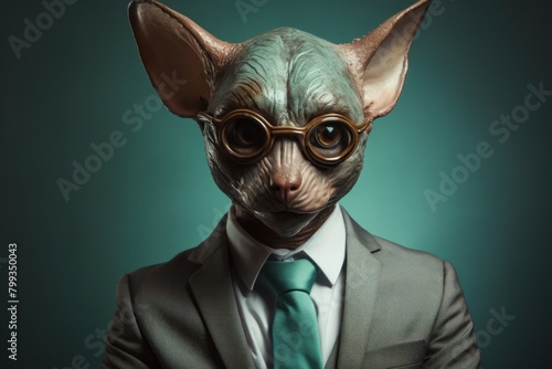 Sphynx cat in a suit and goggles posing with a serious expression