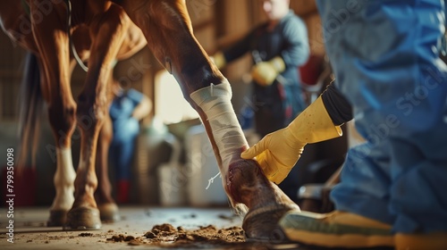 Veterinarian Bandaging the Injured Leg of a Horse in a Stable During Morning Hours photo