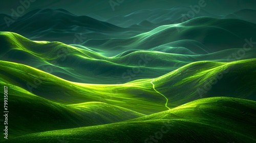 Surreal Green Hills Glowing in Moonlight, Ethereal Landscape Art, Ideal for Wallpapers and Backgrounds. AI