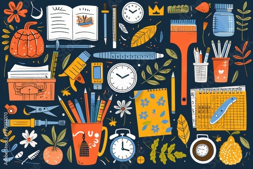 A vibrant design showcases educational tools, stationery, and student icons in a school icon set photo