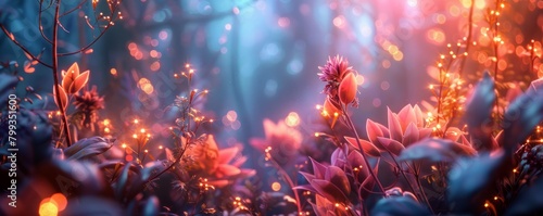 abstract 3D light background inspired by a bioluminescent forest, with glowing plants and magical creatures.  © Sladjana