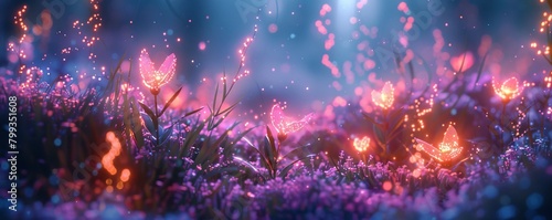 abstract 3D light background inspired by a bioluminescent forest  with glowing plants and magical creatures. 