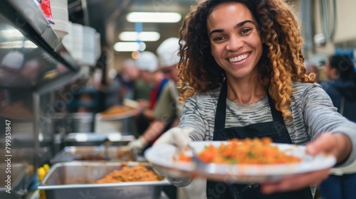 Volunteer in action, providing warm meals to appreciative people in line. International Day of Charity, September 5