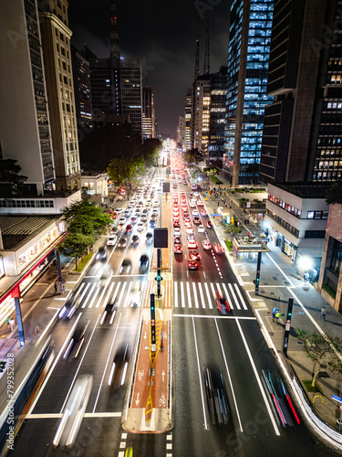 Photography Night image in long exposure of the famous Paulista Avenue in the Shopping Center of the city of São Paulo in the State of São Paulo, Brazil