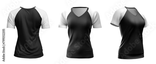 Set of woman black Raglan tee t shirt colour block with white sleeve V neck front, back and side view on transparent background cutout, PNG file. Mockup template for artwork design.	
 photo