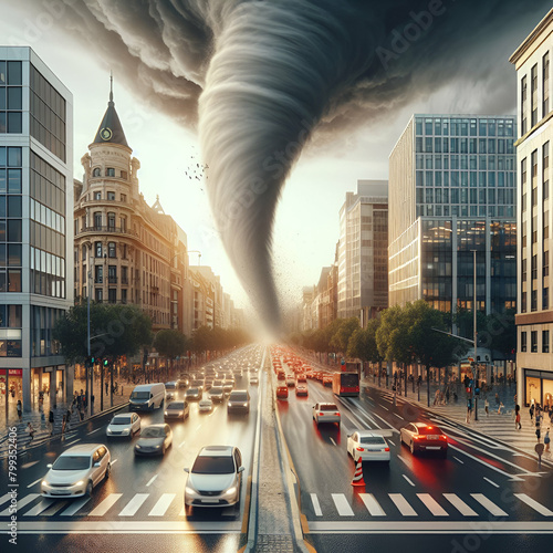 Street View with Crowd of Cars Traffic of a Huge Tornado During a Storm Sweeps Striking Destroying Going Through the Center of American City New York Before Rain or Lightning Hits. Natural Disaster. photo