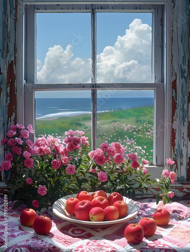 A bowl of apples on a dishware by the window with an ocean view photo