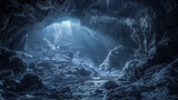A cave with a blue sky and ice formations