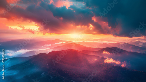A beautiful mountain range with a bright orange sun shining through the clouds © ART IS AN EXPLOSION.