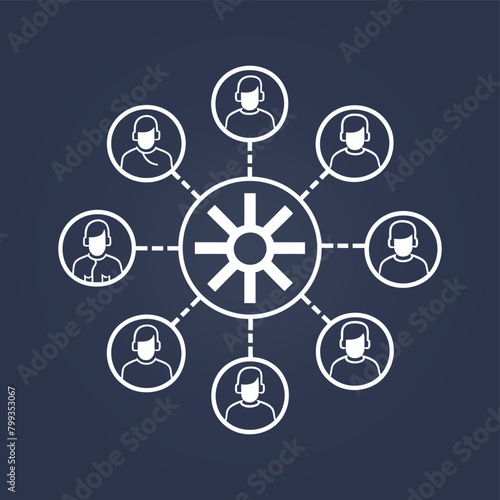 Team of some employees, workers, or humans attached via a dots to a ratchet wheel, graphical appearance for leader management icon