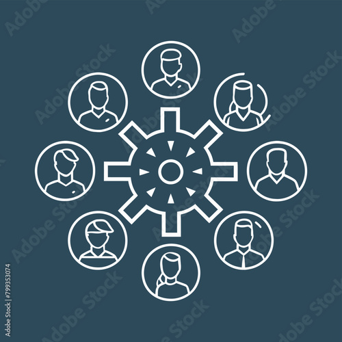 Team of some employees, workers, or humans attached via a dots to a ratchet wheel, graphical appearance for leader management icon
