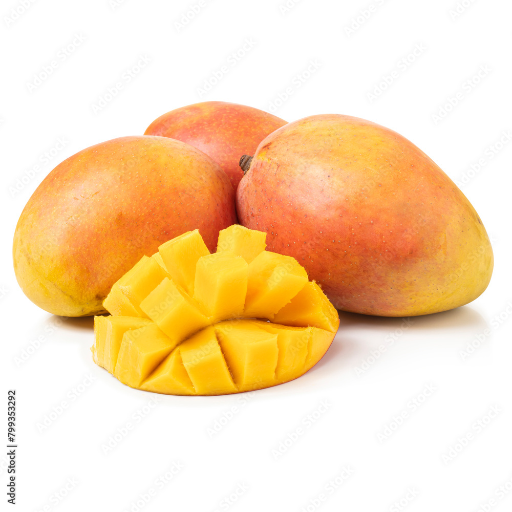 Set of fresh three whole and sliced mango fruit isolated on white background. clipping path included. Set of fresh three whole and sliced mango fruit isolated on white background. clipping path included.