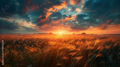 A field of tall grass with a bright orange sun in the sky
