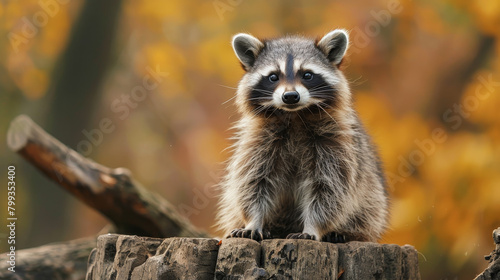 A raccoon is sitting on a log in the woods © ART IS AN EXPLOSION.