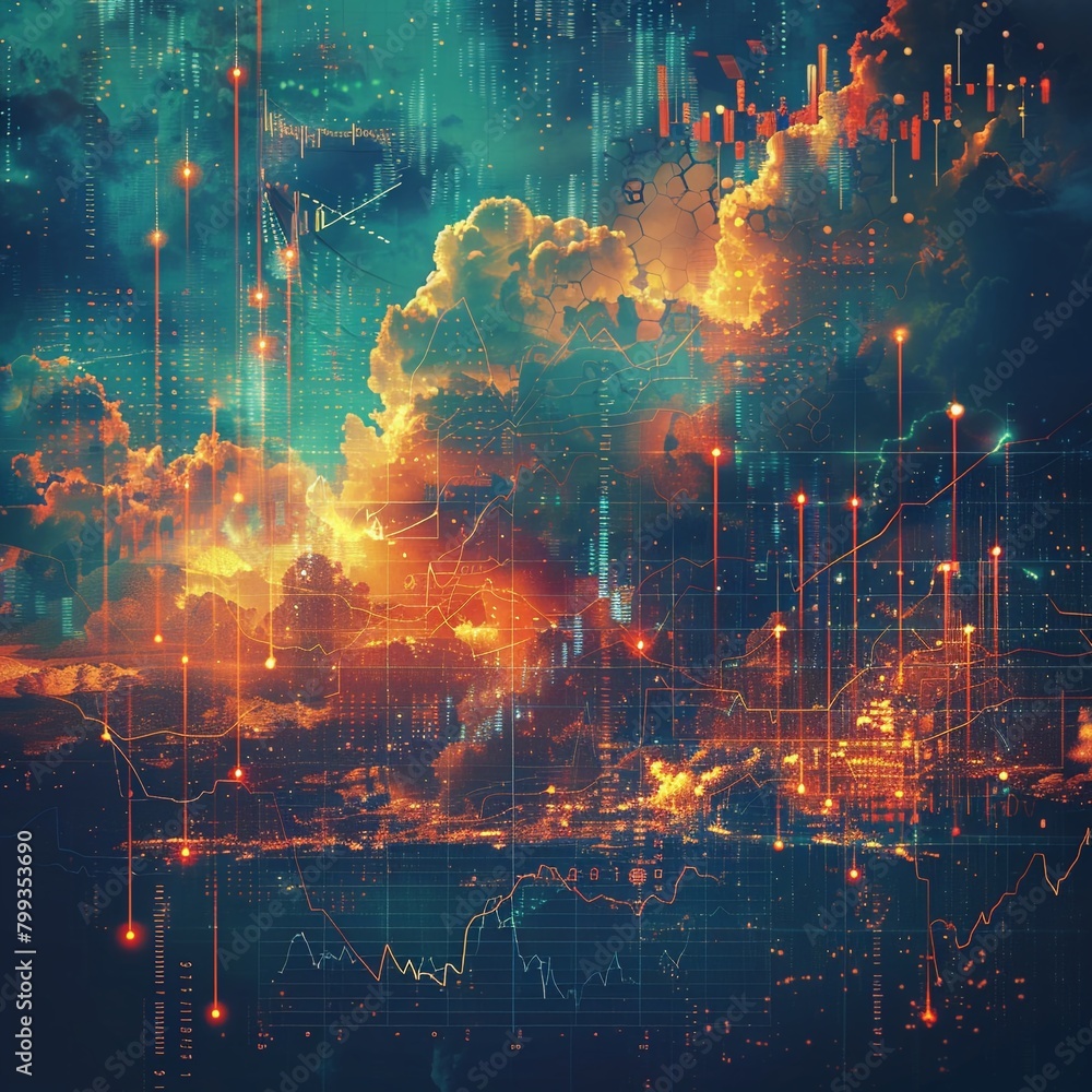 Abstract financial forecast wallpaper, cloudy skies with embedded graphs and lightning bolts