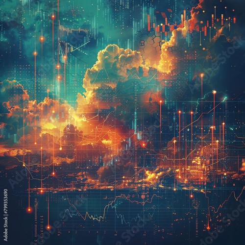 Abstract financial forecast wallpaper, cloudy skies with embedded graphs and lightning bolts