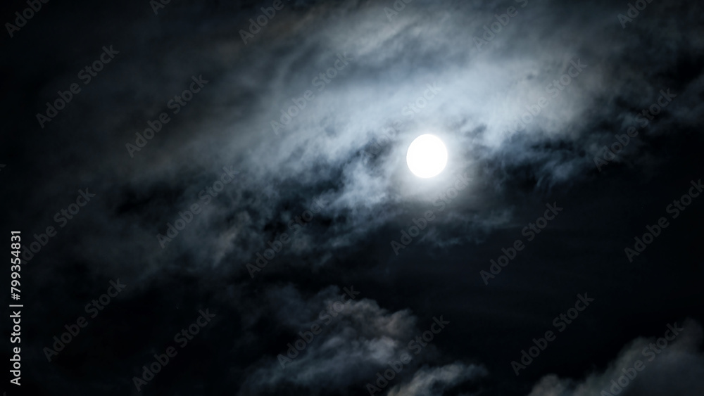 Dramatic night sky with moon and mystic clouds, scary dark gothic background. Concept of horror, Halloween, spooky and astrology