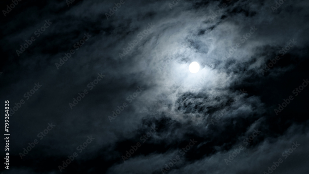 Dramatic night sky with mystic moon, spooky dark gothic background. Concept of horror, Halloween, scary space