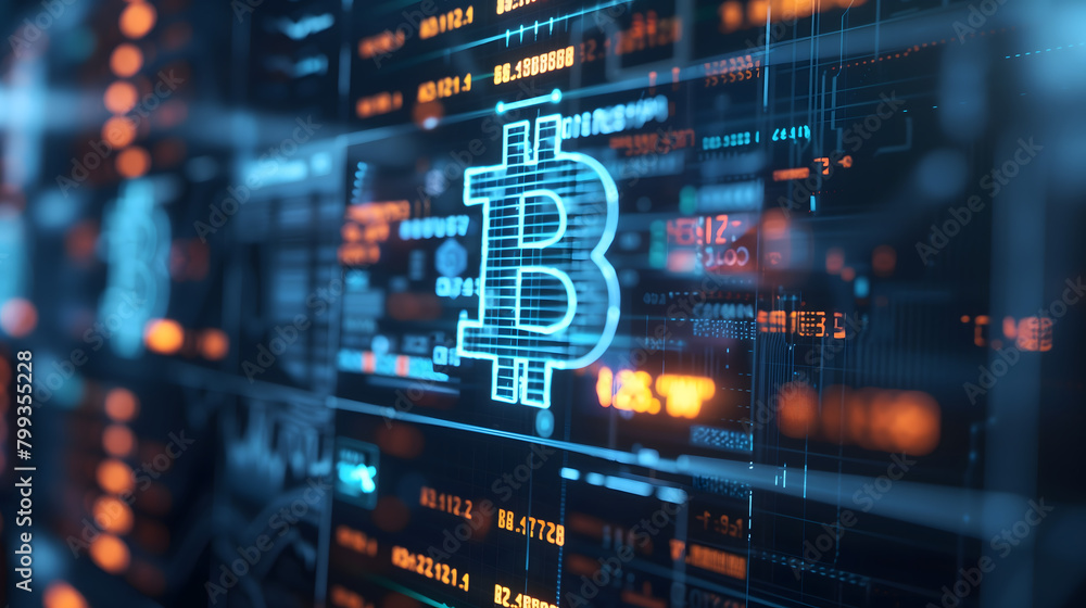 Cryptocurrency trading dynamic Bitcoin symbol overlaying detailed, illuminated financial chart Reflects complex blockchain, investment, technology, data analytics, and volatility