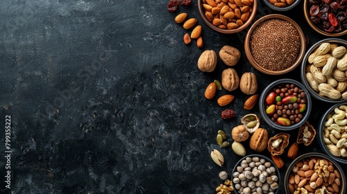 Different types of nuts  seeds and dried fruits on black background. foods high in vegan protein  vitamins and antioxidants for immune system boosting. Top view. Panorama  banner