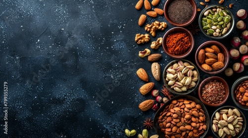 Different types of nuts, seeds and dried fruits on black background. foods high in vegan protein, vitamins and antioxidants for immune system boosting. Top view. Panorama, banner