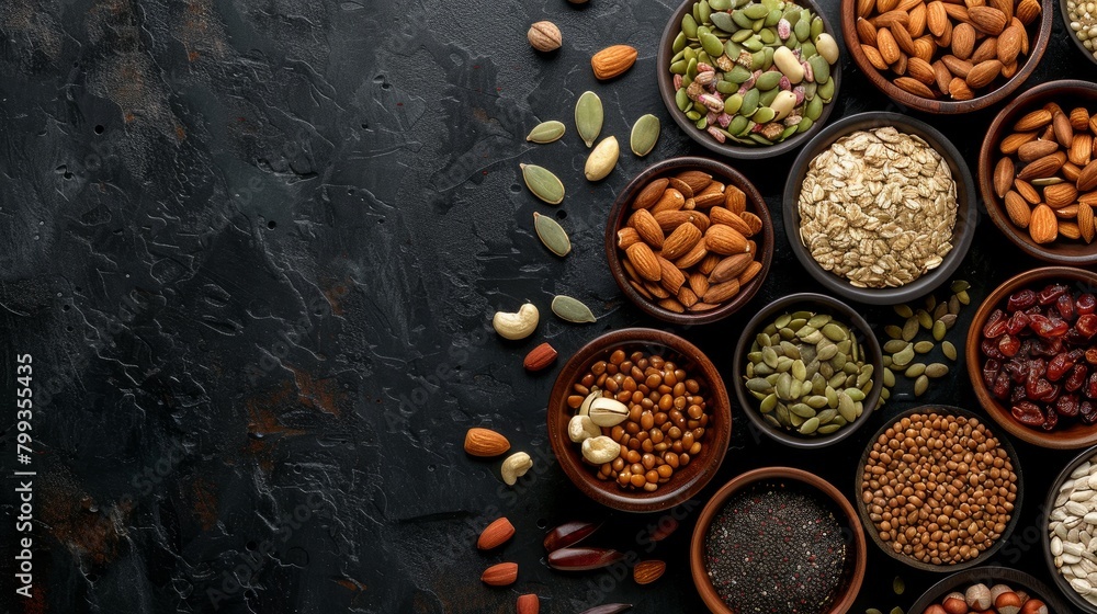Different types of nuts, seeds and dried fruits on black background. foods high in vegan protein, vitamins and antioxidants for immune system boosting. Top view. Panorama, banner
