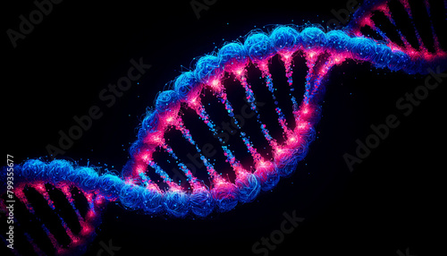 A DNA strand in vibrant blue and pink colors against a black background photo
